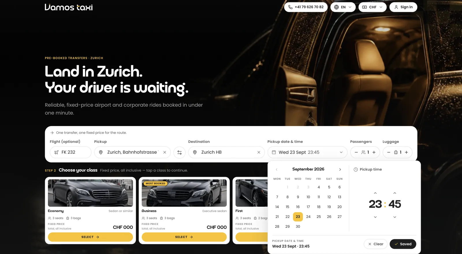 Vamos Taxi cover. Full System (2026) by Koussay Zayani. Booking system for a Swiss airport-transfer company. I cut a long checkout down to two steps and built the client site and the dispatcher dashboard.