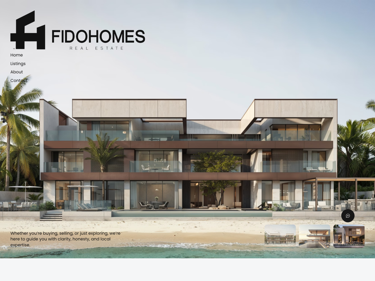 Fido Homes website hero shown over a beachfront villa
