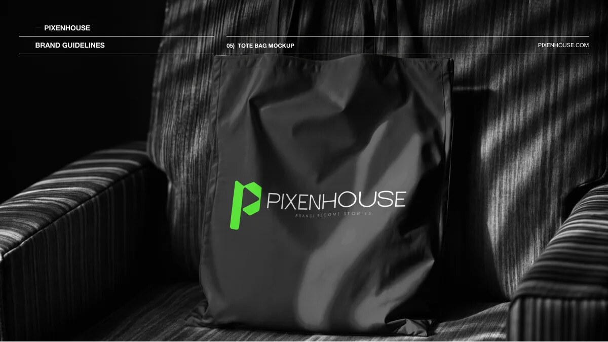 Pixenhouse black and neon green tote brand application
